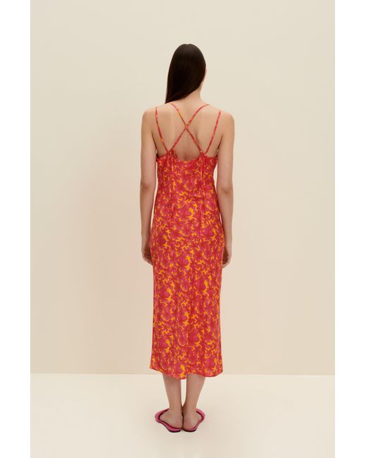JAAF Red Silk-satin Slip Dress In Hibiscus Print