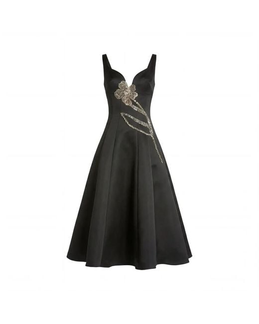 Mac Duggal Black Satin A-Line Midi Dress With Embellished Flower