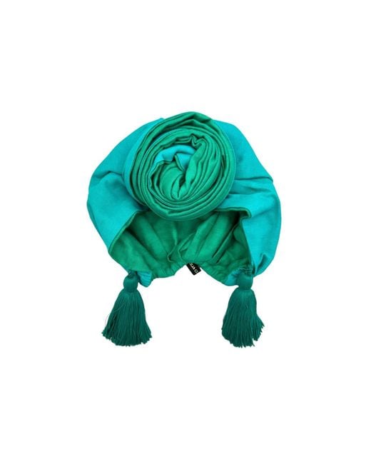 Julia Clancey Green Edith Jade & Azure Peacock Reversible Tassels Linen Turban