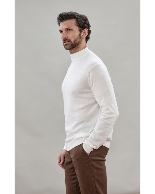 Paul James Knitwear White Extra Fine Merino Wool Shaw Mock Turtleneck Jumper for men