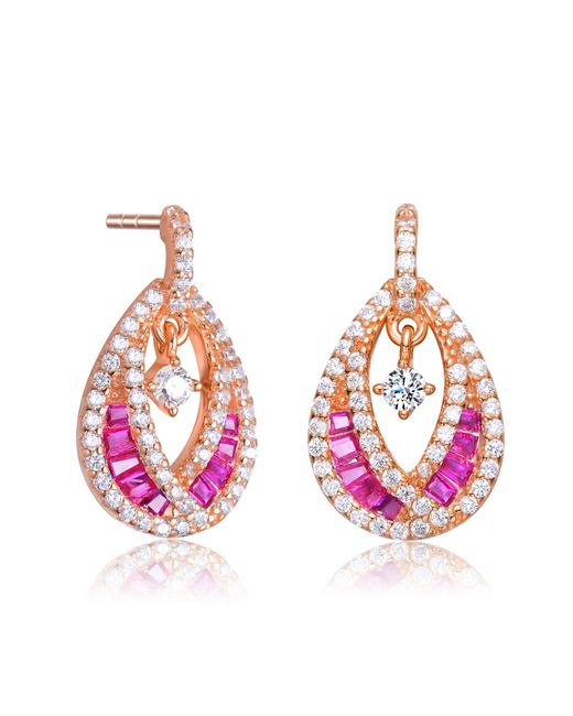 Genevive Jewelry Pink Sterling Silver Rose Gold Plated Ruby Colored Cubic Zirconia Pear Drop Earrings