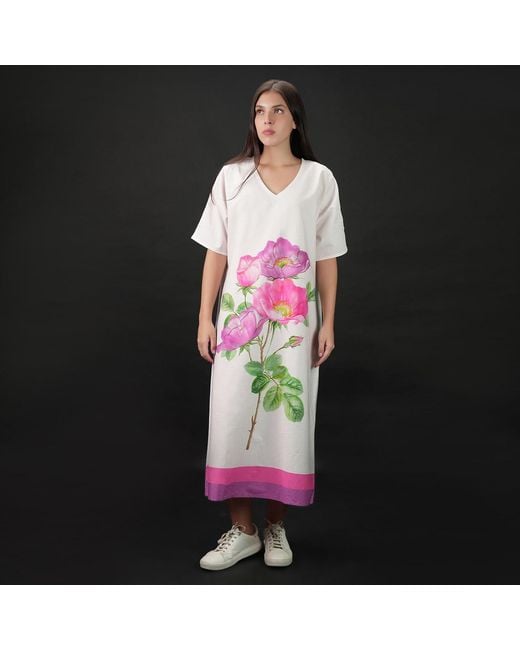 DHARA SHETH DUBAI Pink Roséa Rose Print Long Cotton Kaftan Dress