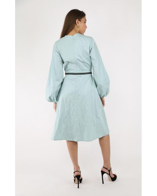 Gunda Hafner Ltd Blue Celeste Cotton Dress With Bell Sleeves And Embroidered Belt