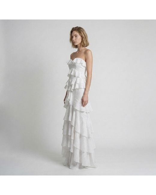 Modenaire White Tiered Ruffle Maxi Dress Strapless Silhouette