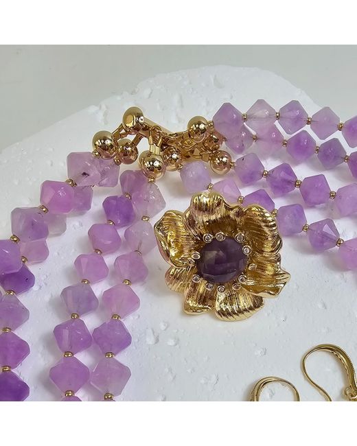 Farra Purple Multi-Layers Jade With Flower Charm Necklace