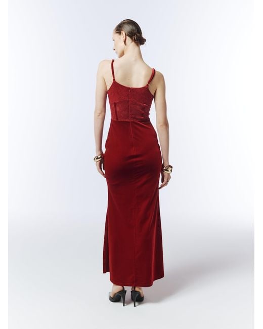 Sour Figs Red Sheer Lace Corset Velvet Maxi Dress