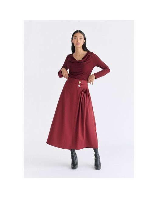 Paisie Red Wrap Midi Skirt With Pleated Detail