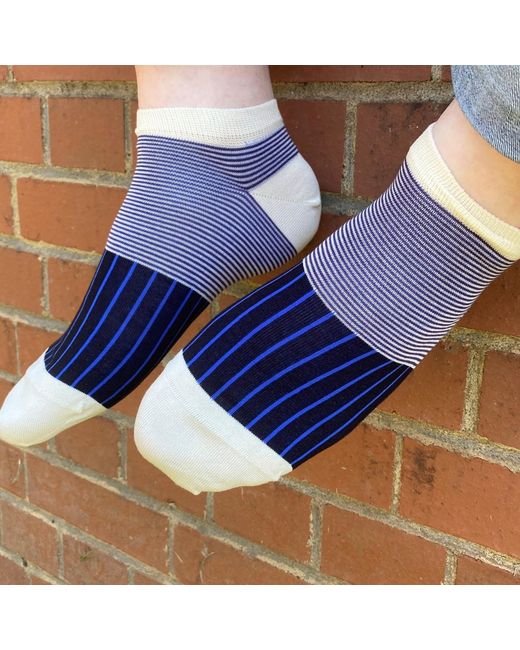 Peper Harow - Made in England Blue Oxford Stripe Crew & Trainer Socks 2 Pack for men