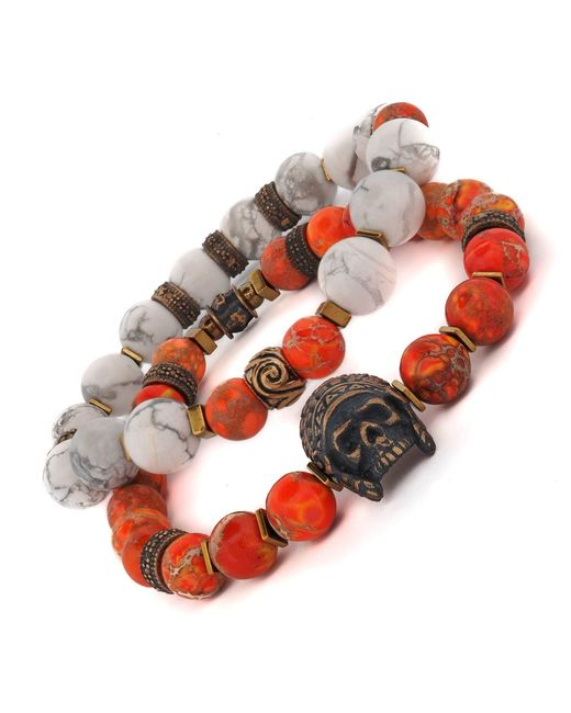 Ebru Jewelry Red Warrior Soul Bronze Indian Chief & Jasper Beaded Bracelet Set for men