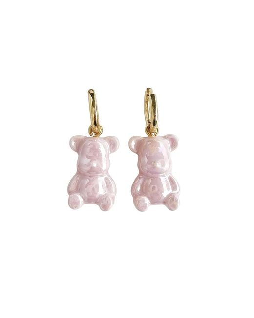 POPORCELAIN Pink Sweet Porcelain Teddy Bear Earrings, Tone