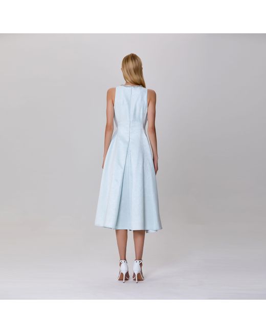 Smart and Joy Blue Fit-And-Flare Collar Trim Textured Jacquard Dress