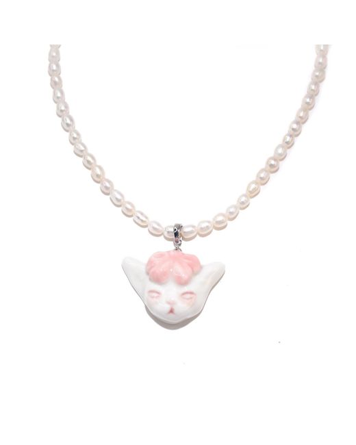H2 Studio Metallic Angry Puss Bowtie Freshwater Pearl Necklace