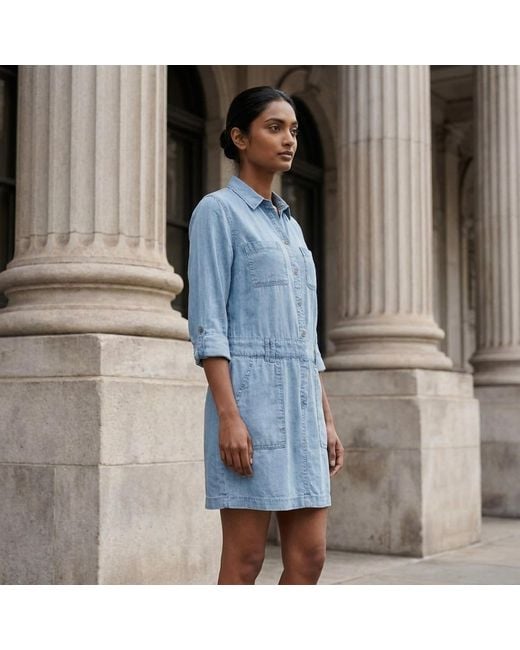 Modenaire Blue Denim Mini Dress Structured Button Front