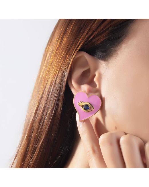 Milou Jewelry Pink Heart Earrings With Evil Eye
