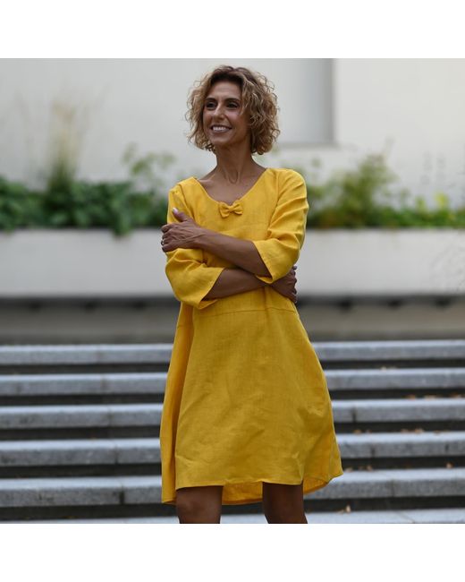 LeMuse Yellow Sun — V-Neck Stonewashed Linen Dress