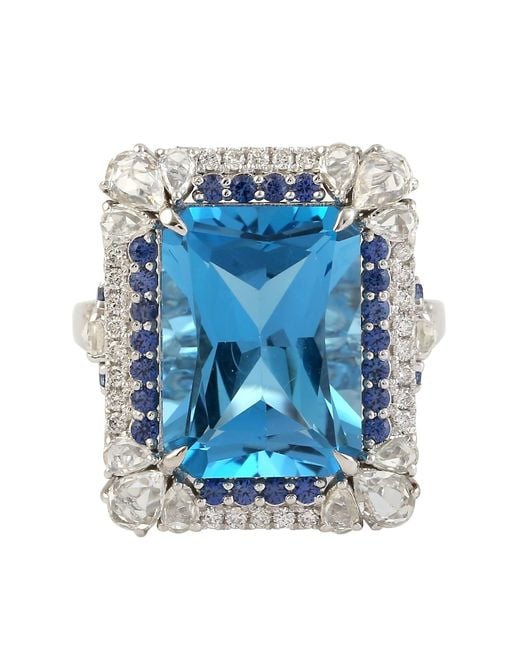 Artisan 18k White Gold Blue Sapphire Topaz Diamond Cocktail Ring Handmade Jewelry