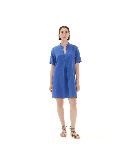 Haris Cotton Blue Mandarin Neck Linen Cami Dress With Flutter Sleeves