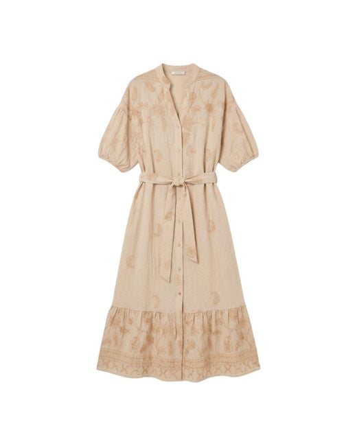 LAtelier London Natural Neutrals Embroidered Cotton Midi Shirt Dress