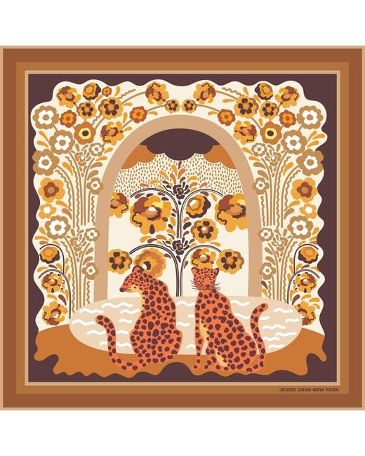 Jessie Zhao New York Metallic Neutrals Double Sided Wool Silk Scarf Of Leopards With Floral Fountain