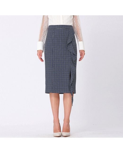 Smart and Joy Blue Micro Tartan Ruffle Pencil Skirt