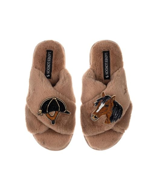 Laines London Brown Faux Fur Cross-Strap Embellished Slippers