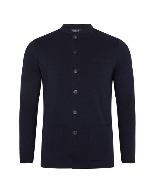 Paul James Knitwear Blue Extra Fine Merino Wool Alonzo Knitted Nehru Jacket for men