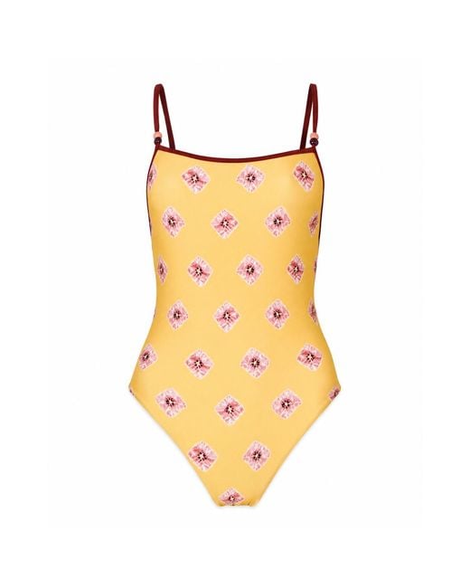 Par Y Escala Sl Yellow Jamu Print Beaded Strap One-Piece Swimsuit