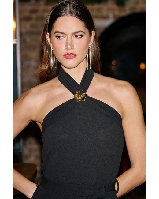 Yumi' Black Cross Over Halter Neck Jumpsuit