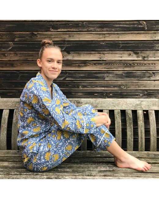 Lime Tree Design Blue And Floral Block Printed Pyjamas