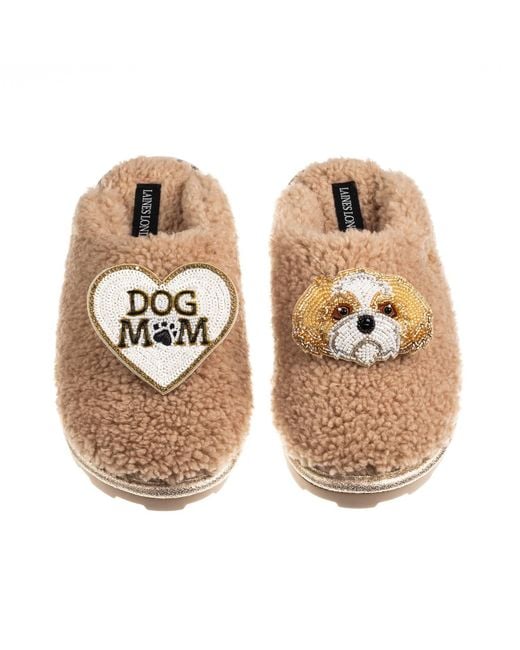 Laines London Metallic Neutrals Teddy Closed Toe Slippers With Dog Mum Mom & & Shih Tzu Brooches
