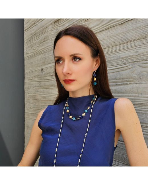 Farra Blue Heart-Shaped Lapis And Apatite Flower Dangle Earrings