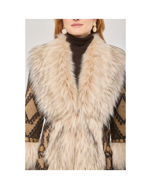 The Extreme Collection Natural Multicolour Long Knit Coat With Faux Fur Kira