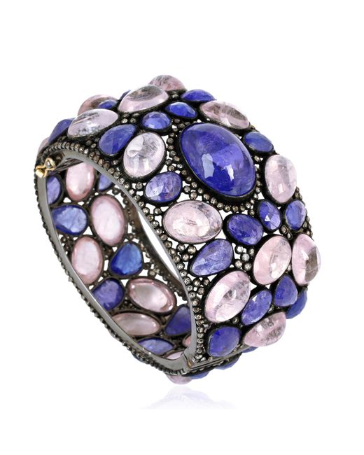 Artisan Blue 14k Gold 925 Silver & Morganite Tanzanite With Diamond Designer Wide Cuff Bangle Bracelet