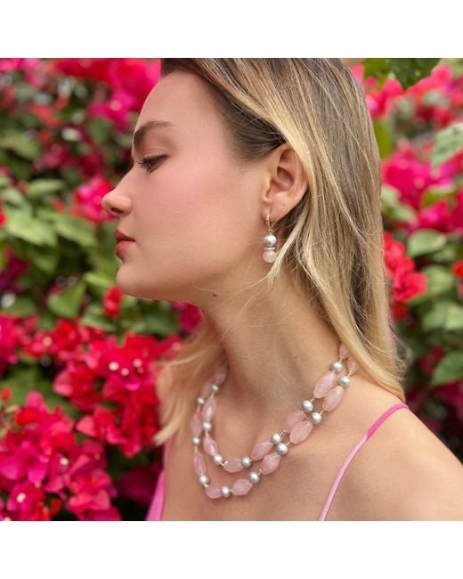 Farra Pink Rose Quartz And Gray Freshwater Pearls Double Layers Necklace