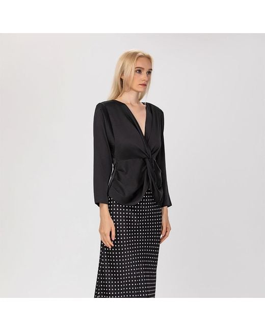 Smart and Joy Black Satin Blouse With Twisted Bow – Long Sleeves