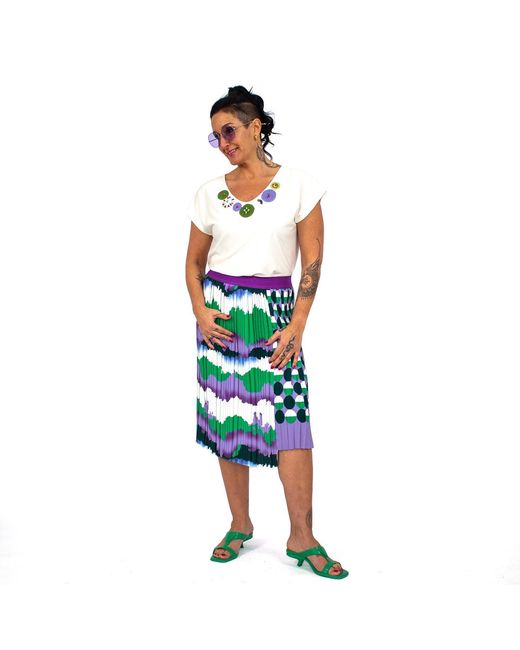 Lalipop Design Green Asymmetric Midi Pleated Skirt With Wavey & Polka Dot Print