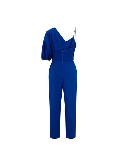 Femponiq Blue Peak Lapel Puff Sleeve Crepe Jumpsuit