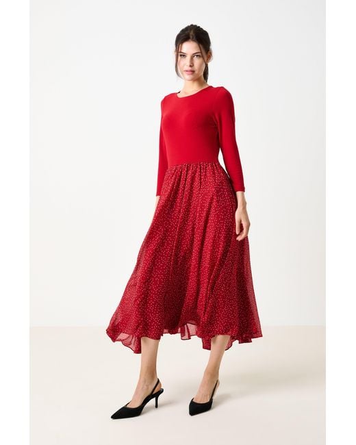 Louche Red Huxley Raindrop Jersey Top Printed Circle Skirt Midaxi Dress
