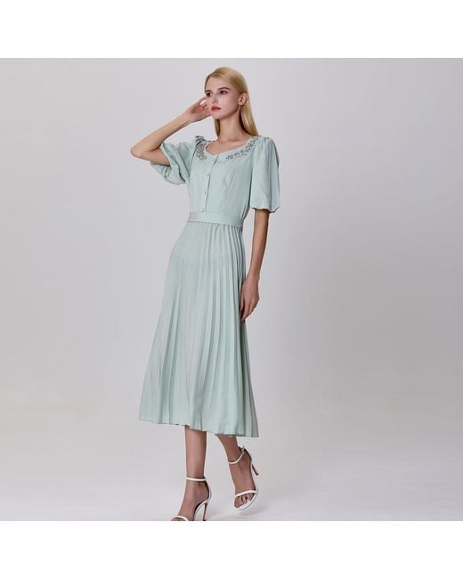Smart and Joy Green Neutrals Pleats And Embroideries Blouse-Dress