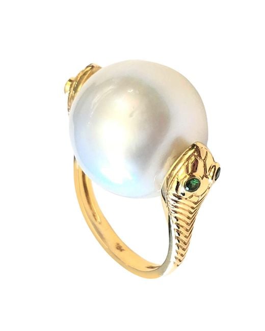 Artisan Metallic South Sea Pearl Snake Wrap Ring With Tsavorite Eyes