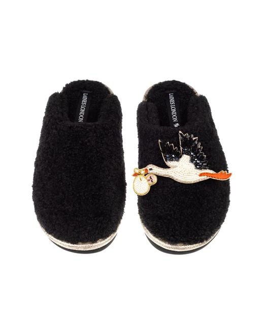 Laines London Black Teddy Closed Toe Slippers With New Baby Stork Brooches