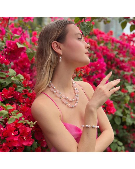Farra Pink Rose Quartz And Gray Freshwater Pearls Earrings