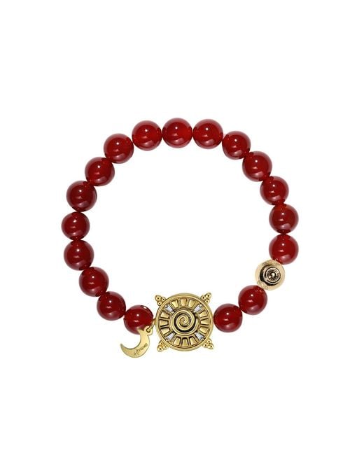 Aurozia Red Three Charms Solar Meridian Plated Sundial And The Sun Coin Agate Beaded Bracelet