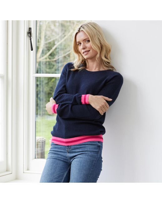 Cove Blue Navy Cashmere Jumper With Pink Stripes