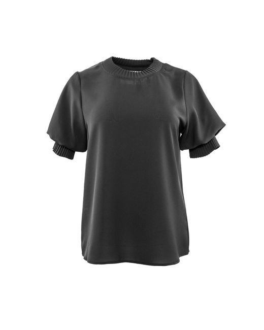 Theo the Label Black Dione Short Sleeve Pleated Neck Top