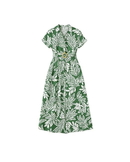 Yumi' Green Leaf Print Viscose Relaxed Midi Shirt Dress