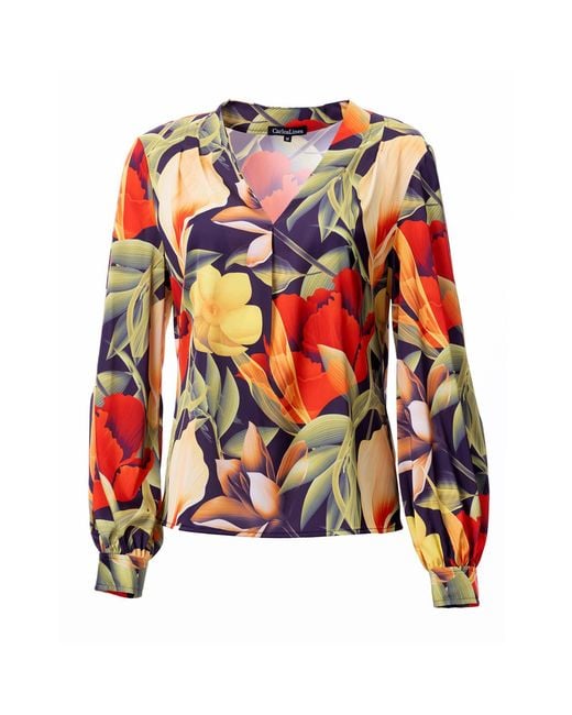 Carloslines Red V-Neck Pleat Detail Balloon Long Sleeve Blouse