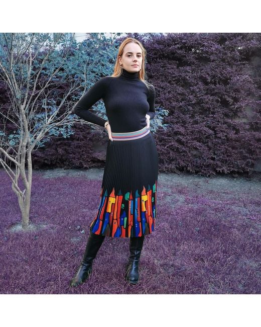 Lalipop Design Black Midi Pleated Skirt With Colorful House Prints
