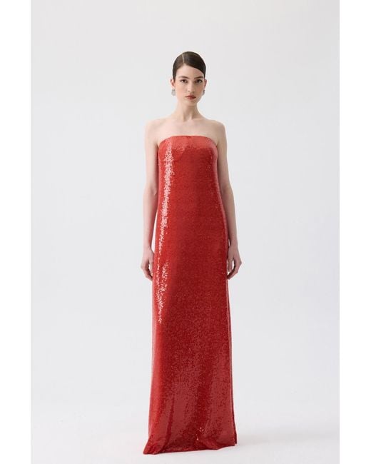 Rue Les Createurs Red Oranj Strapless Long Sequin Dress