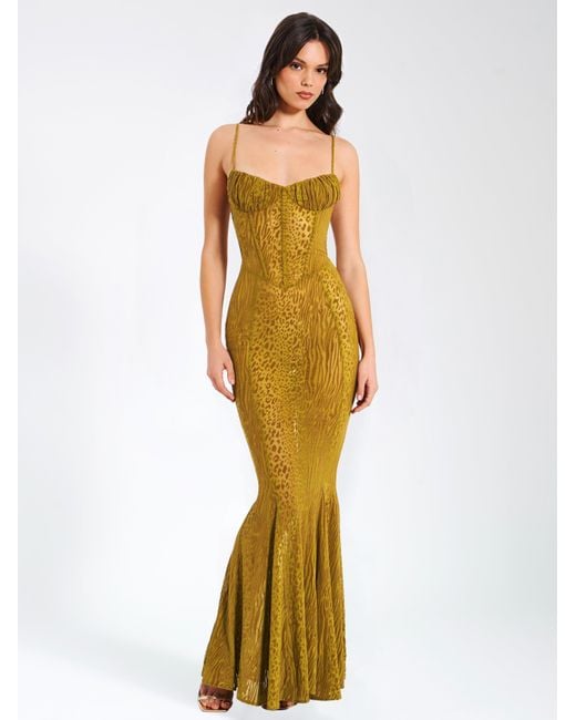 Miss Circle New York Green Ulani Burnout Velvet Detail Mesh Maxi Dress